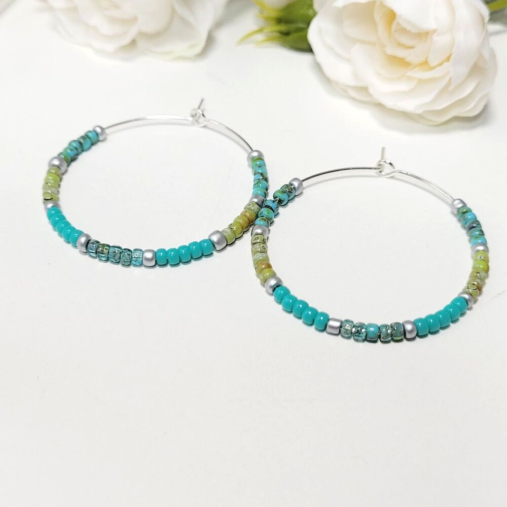 Turquoise Glass Silverplate Hoops Hidden Meaning earrings Minimalist light 679■